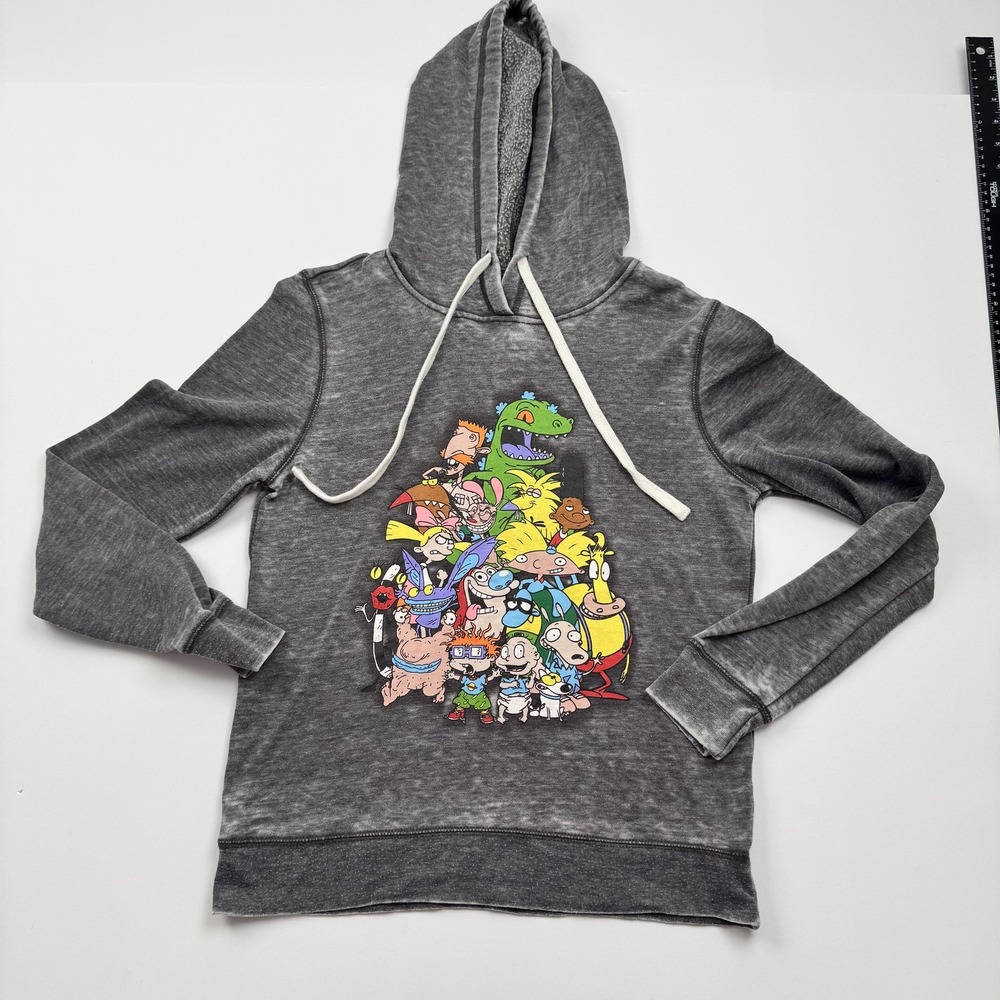 Nickelodeon Hoodie Mens Medium Gray Cartoon Characters Pullover Sweatshirt 90s